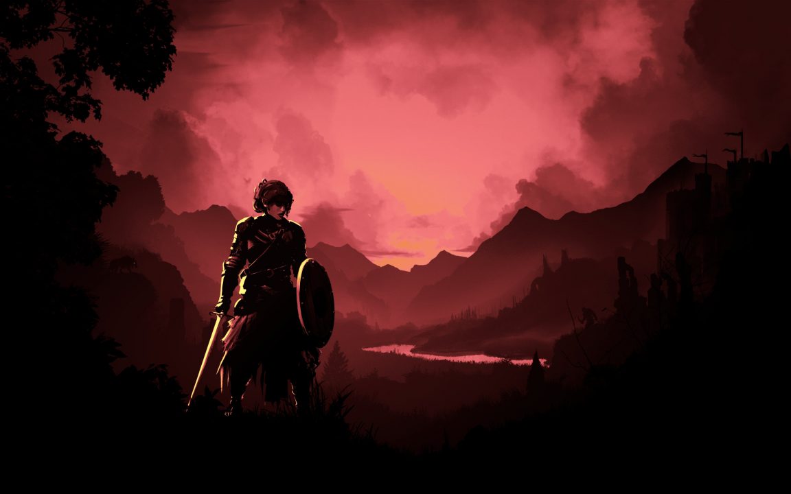 A person with a sword and shield standing in a landscape with sunset in the distance in The Vale Shadow of the Crown