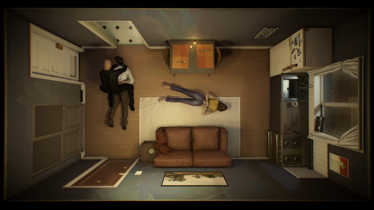 Examing The Room From Above where two bodies are on the floor. Both are handcuffed in Twelve Minutes