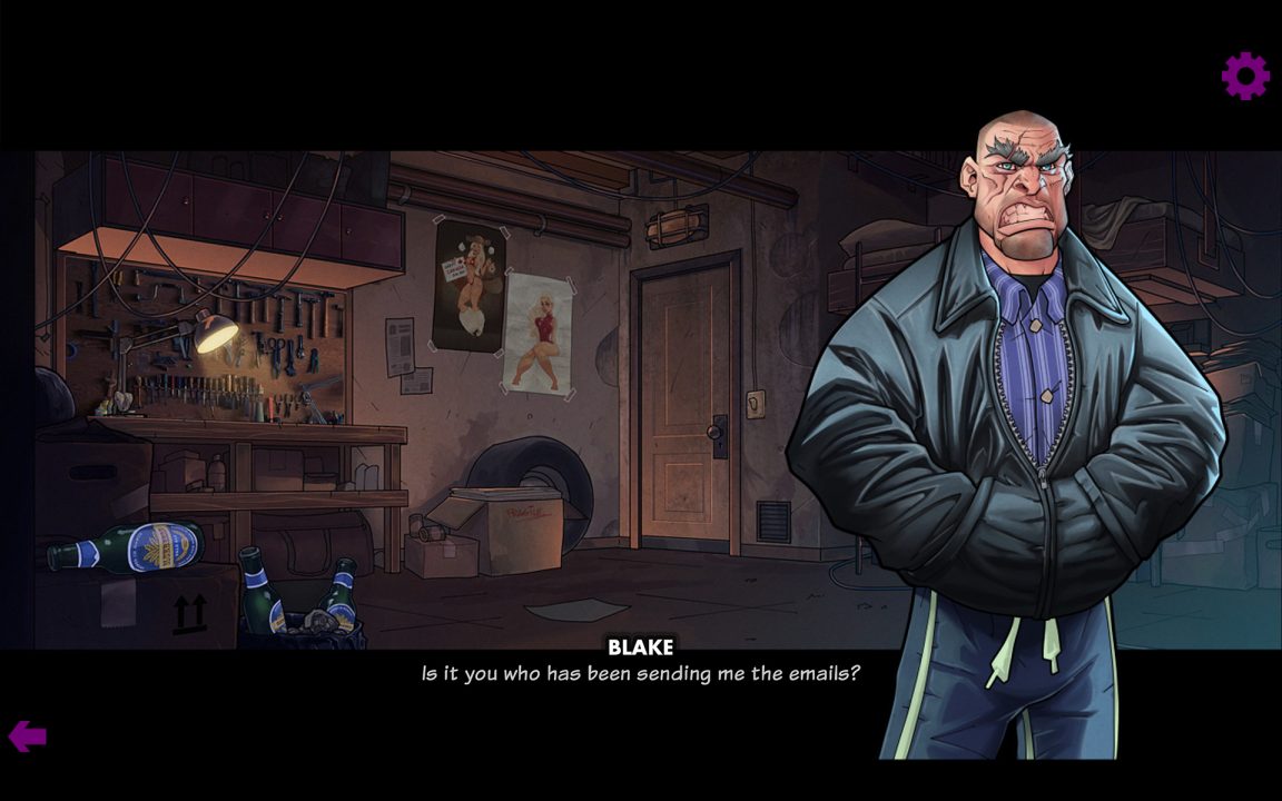 Dialogue in Blake: The Visual Novel. A man wearing a black jacket stares at you.