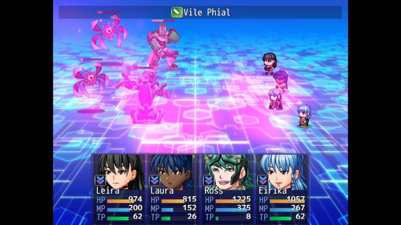 A turn-based battle scene in Googass with four player characters on the right and robots and one-eyed bats on the left.