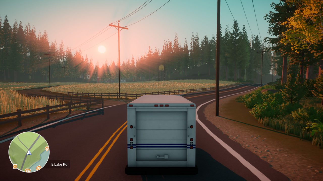 Driving down a scenic road in a large truck in Lake.