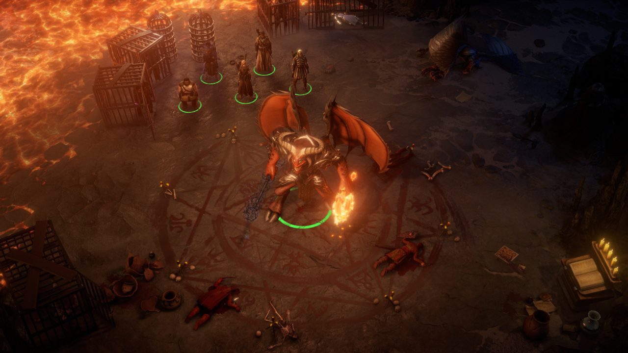 Battling a demonic creature in Pathfinder: Wrath of the Righteous. There is a pentagram painted in the middle of the room and lava is seeping out in the corner.