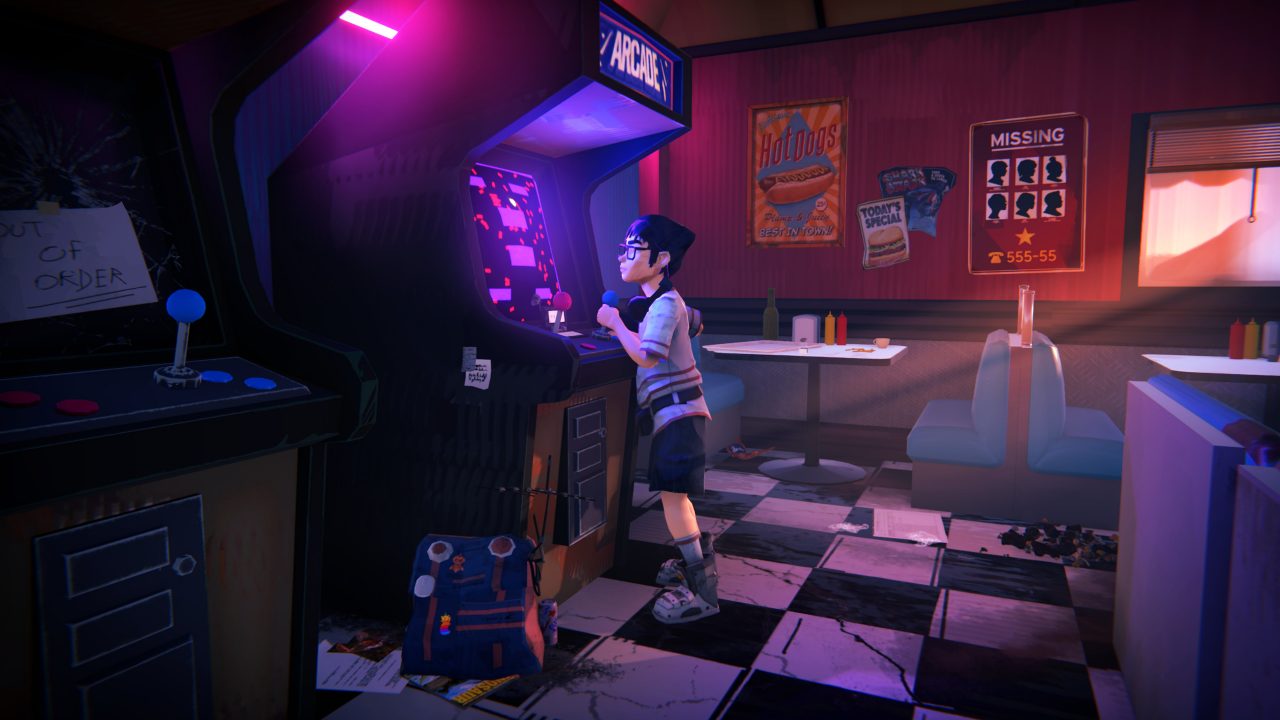A boy enjoys the arcade in the middle of a diner in Road 96.