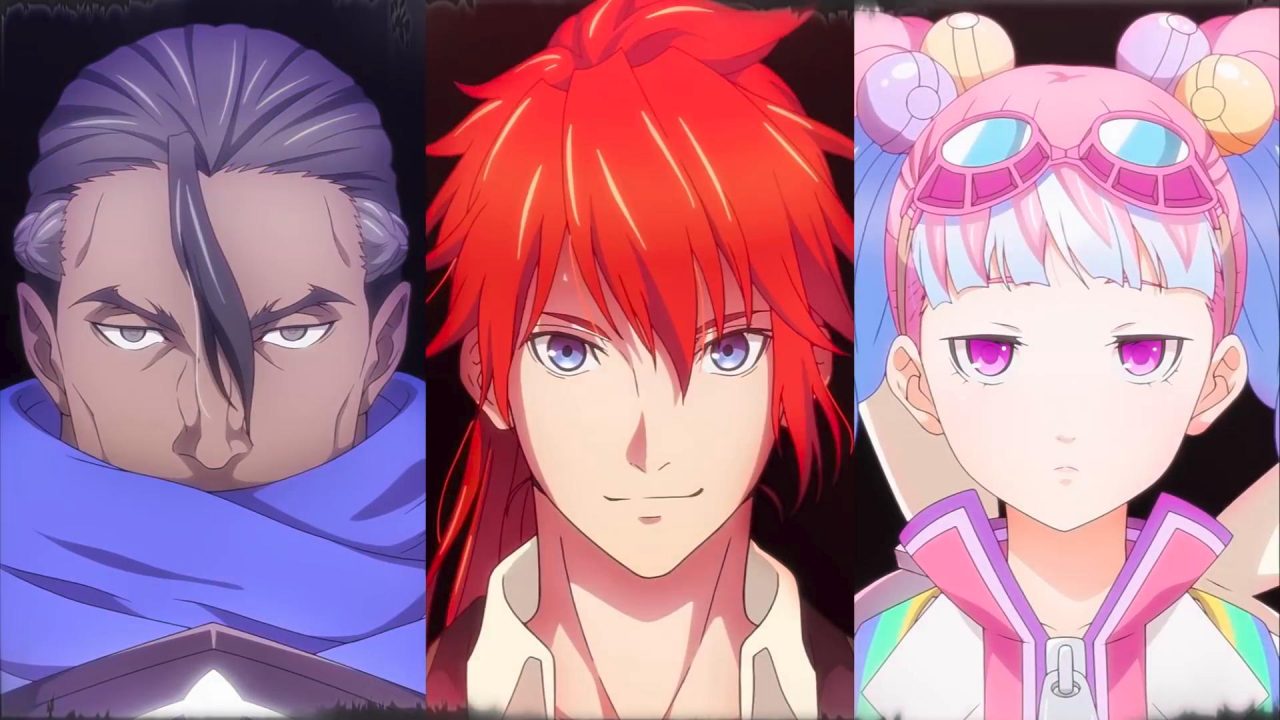 Tales of Luminaria artwork of an older man wearing a scarf, a fiery red-haired youth, and a bored-looking pastel-wearing goggles on her head.
