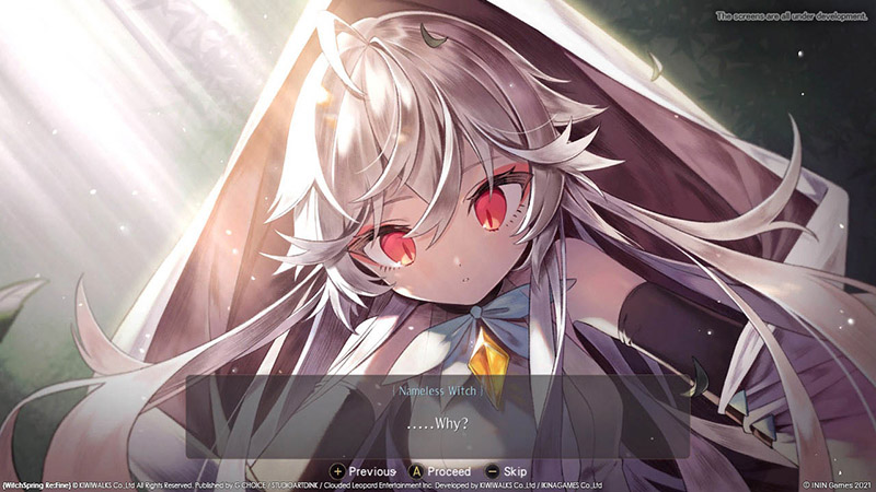 A white haired girl with big red eyes asking why in WitchSpring3 [Re:Fine]: The Story of Eirudy