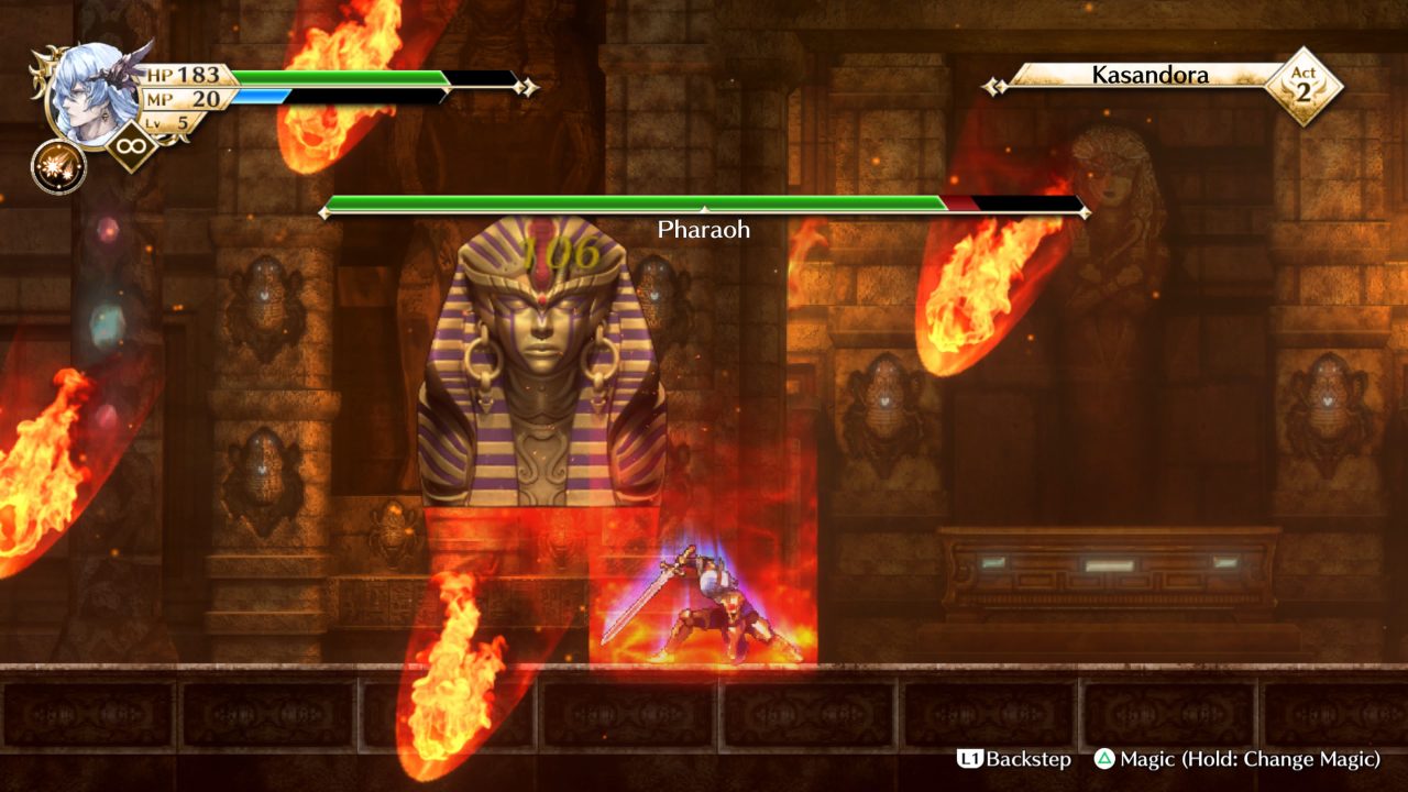Actraiser Renaissance screenshot of the protagonist casting a raining meteor spell on the boss enemy Pharaoh.