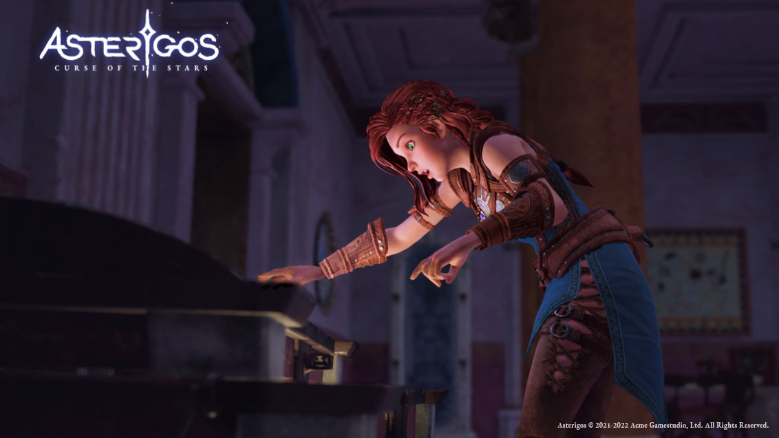 Asterigos: Curse of the Stars screenshot of the protagonist gasping in awe as she seems to have discovered something remarkable inside a tomb or treasure chest.