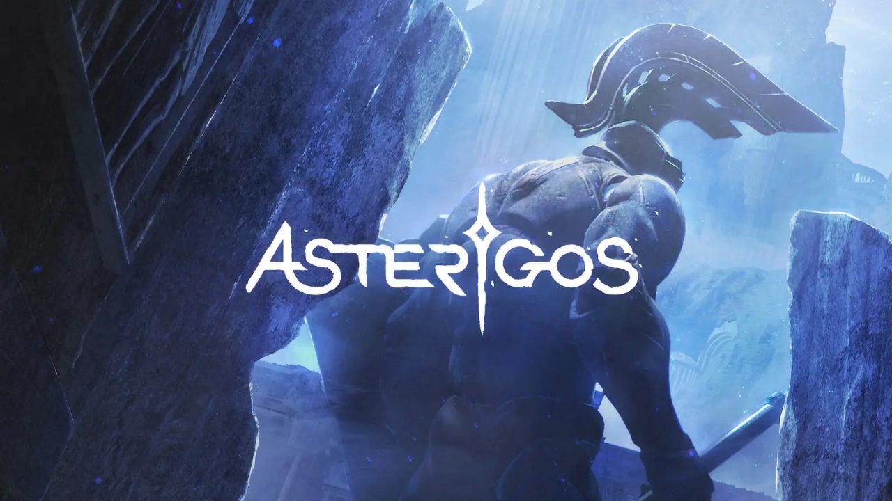 A warrior wearing a large helmet and weilding a weapon faces away with the Asterigos logo in the foreground.