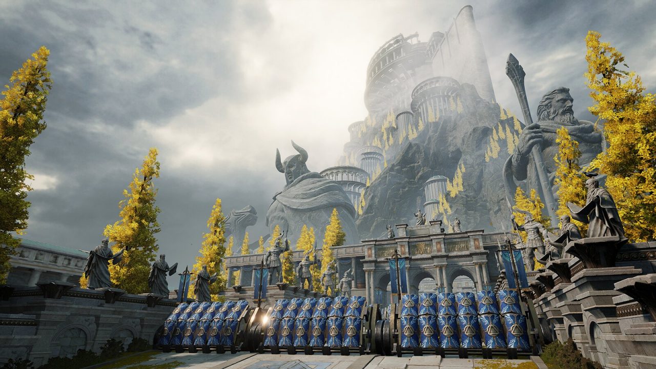 A large building with many pillars on top of a mountain with large humanoid status at the mountain's base.