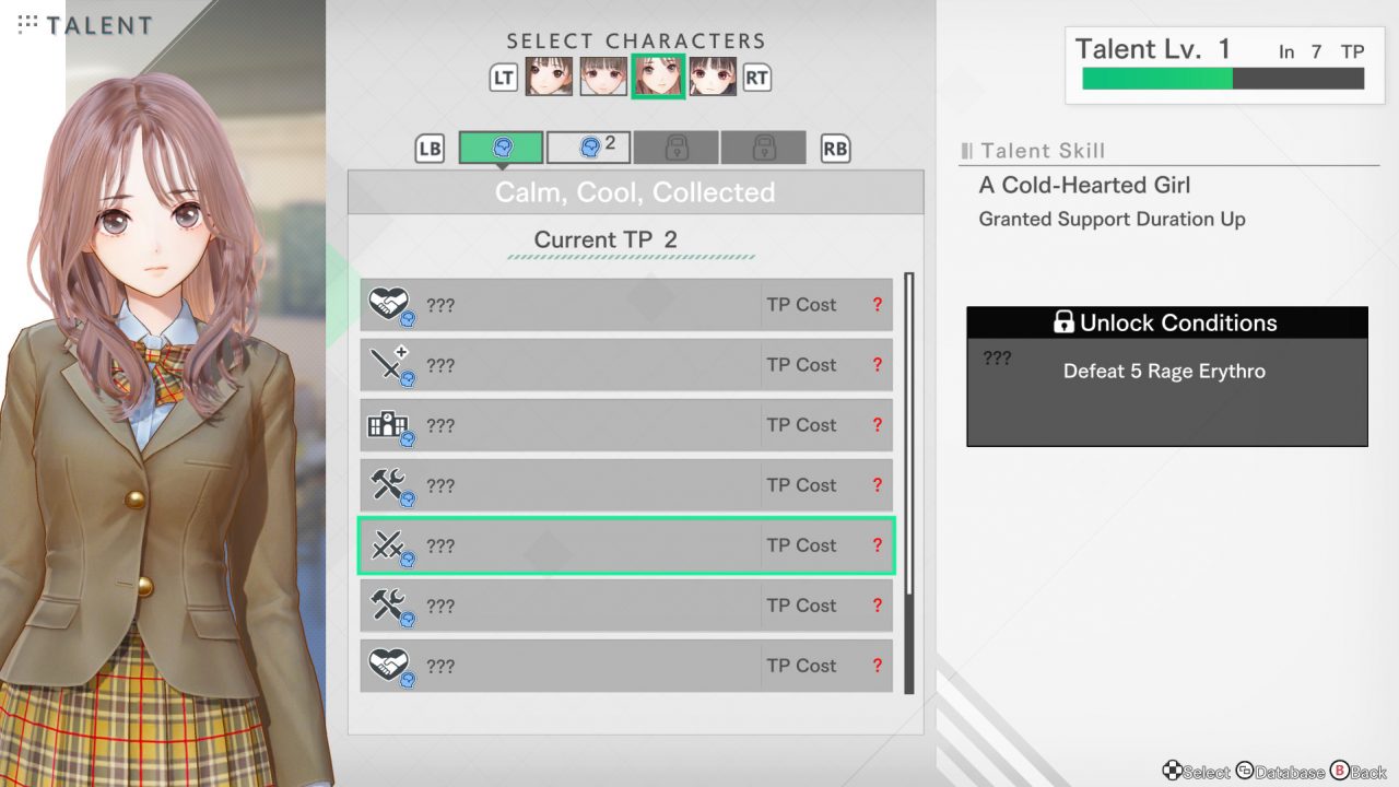 Blue Reflection Second Light protagonist Rena Miyauchi skill list and talent tree.