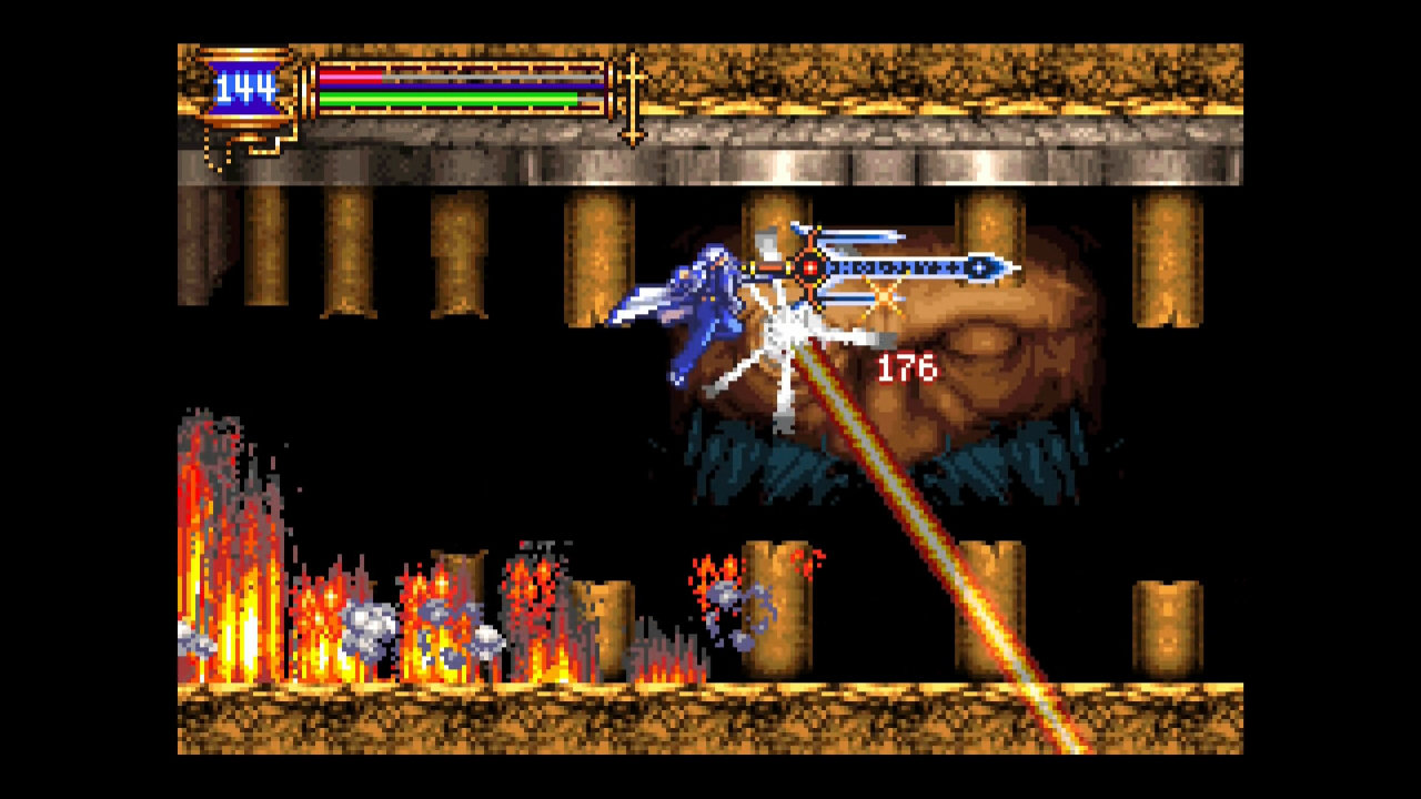 Castlevania: Aria of Sorrow screenshot with Soma Cruz fighting Balore as he shoots lasers at him.