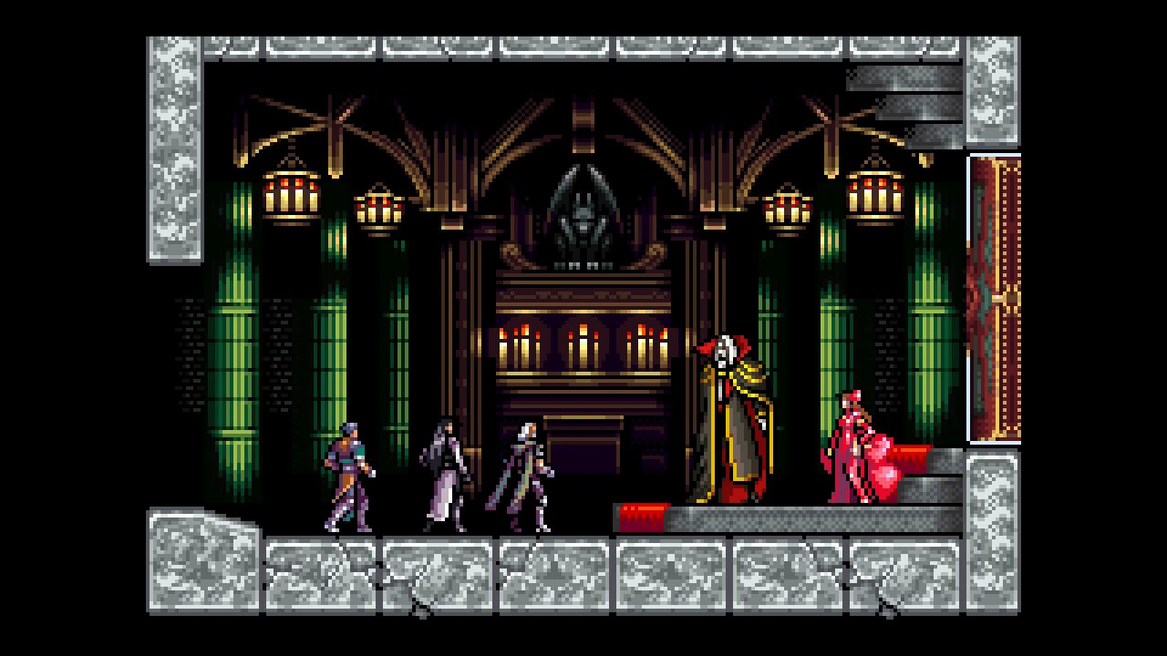 Castlevania: Circle of the Moon screenshot featuring the main characters fighting Dracula. This is part of the Castlevania Advance Collection.