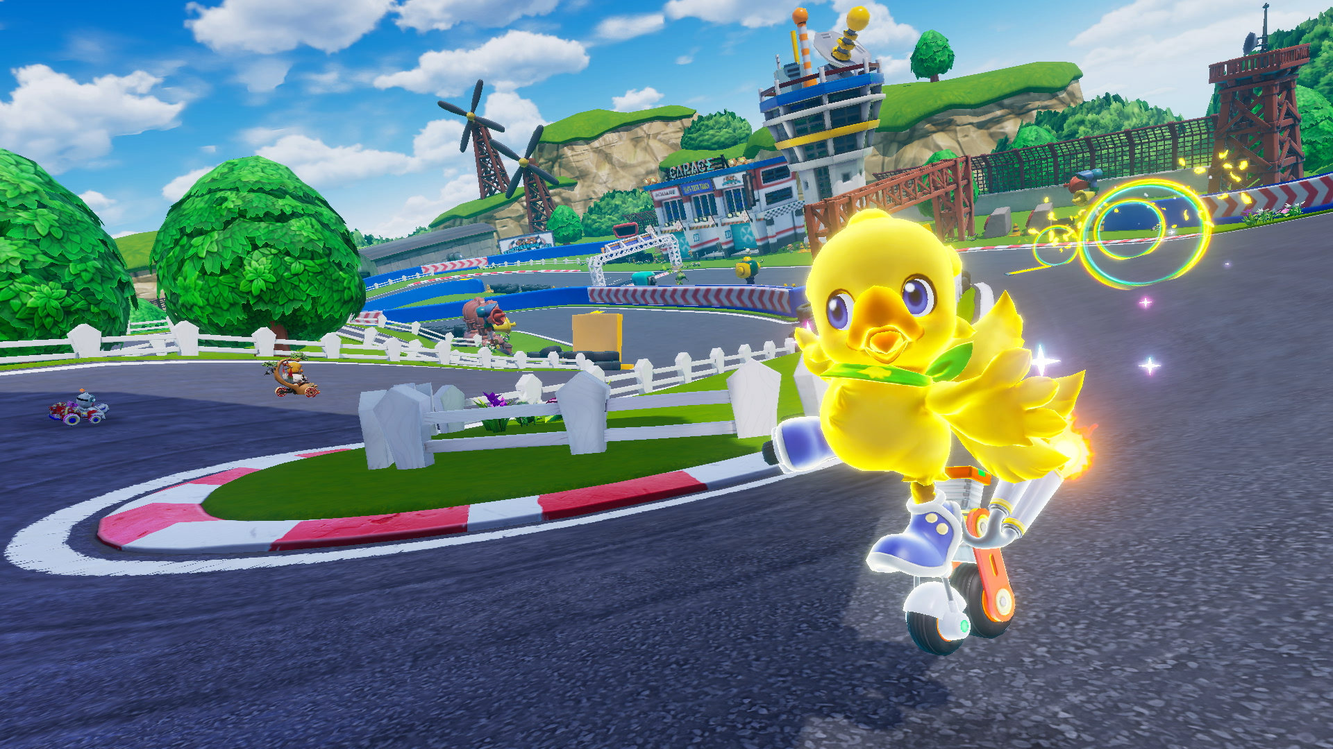 Chocobo GP screenshot of a glowing chocobo on jet skates rounding a corner of a race track.