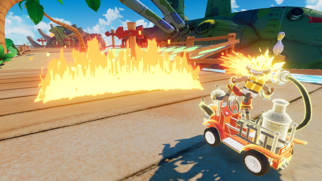 Final Fantasy summon Ifrit is racing in a firetruck and launching a fiery attack.