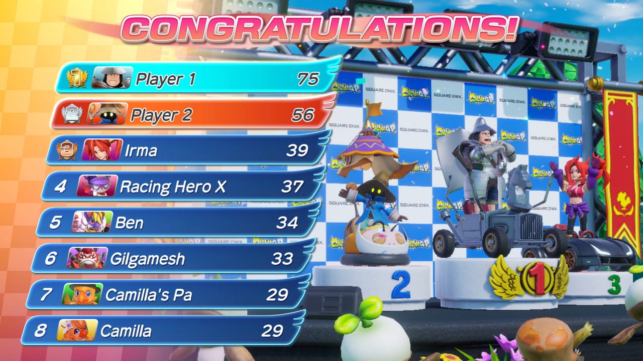 The top three racers from a Series race hold first, second, and third place on podium. They are Final Fantasy IX's Steiner and Vivi, and new racer, Irma, respectively.