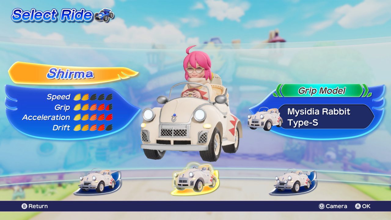 Shirma, the white mage, sits in her racing car on the Ride selection screen, showcasing the different stats each Ride offers players.