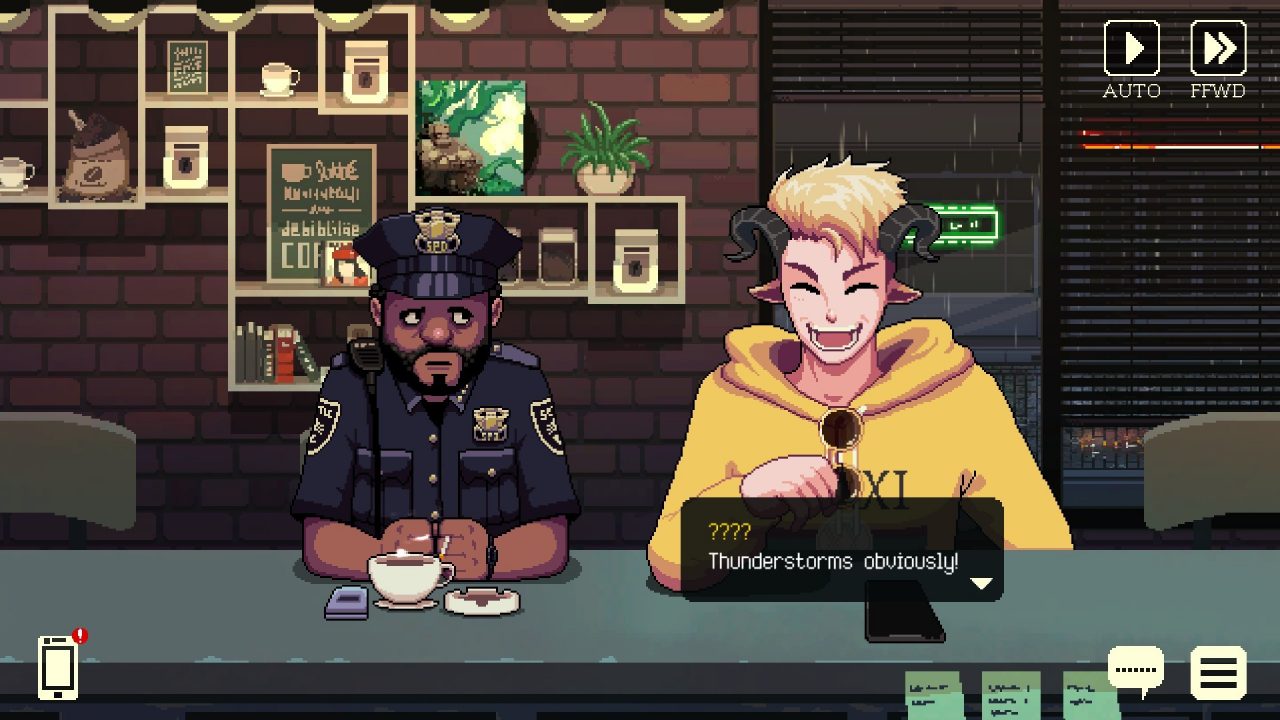 A police officer and horned man discuss thunderstorms in a coffee shop.