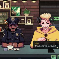A police officer and horned man discuss thunderstorms in a coffee shop in Coffee Talk Episode 2: Hibiscus & Butterfly