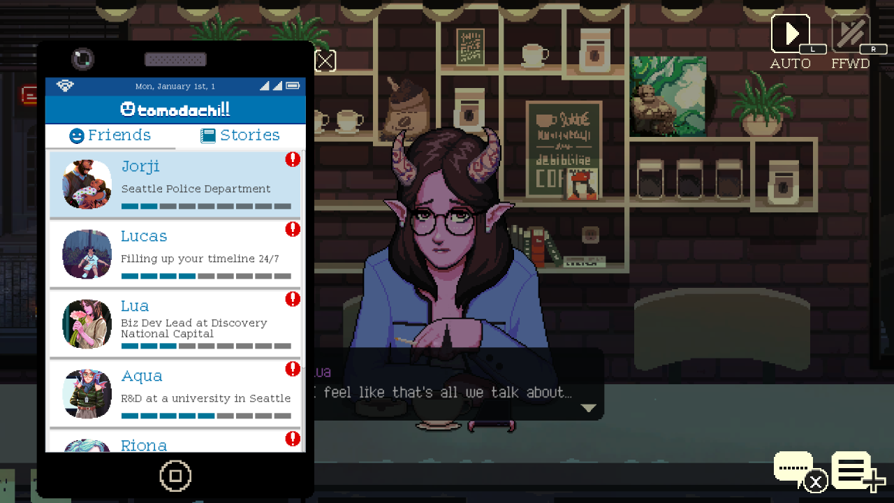 Checking up on regulars via the social media app in Coffee Talk Episode 2: Hibiscus & Butterfly.