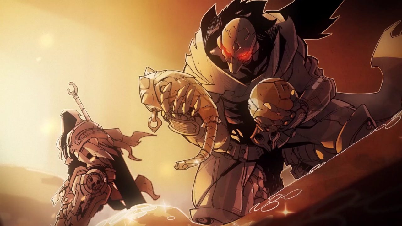 Artwork From Darksiders Genesis with two characters clad in armour.