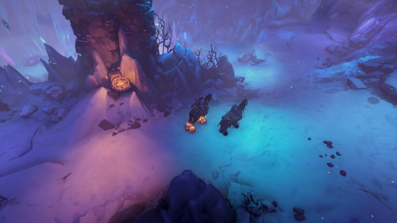 Screenshot From Darksiders Genesis in a snowy cave.