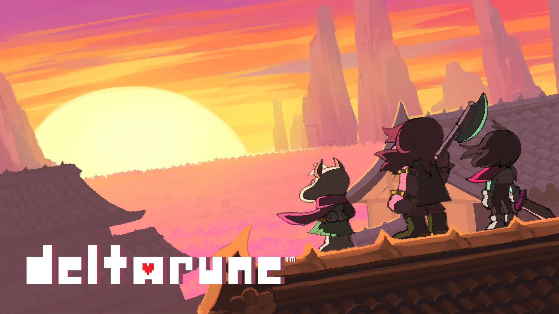 Deltarune Artwork of three characters silhouetted by a distant sunset.