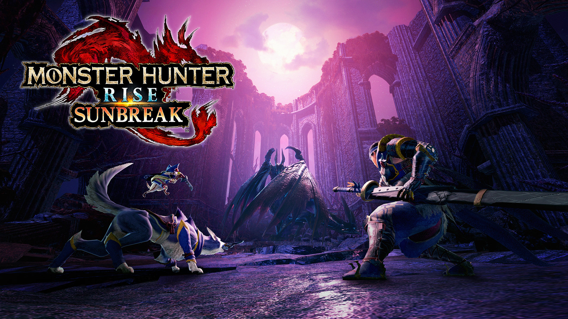 A Monster Hunter Rise: Sunbreak screenshot of gothic archways backlit by a purple moon, with a man steeped in shadow holding a hilt of a long sword.