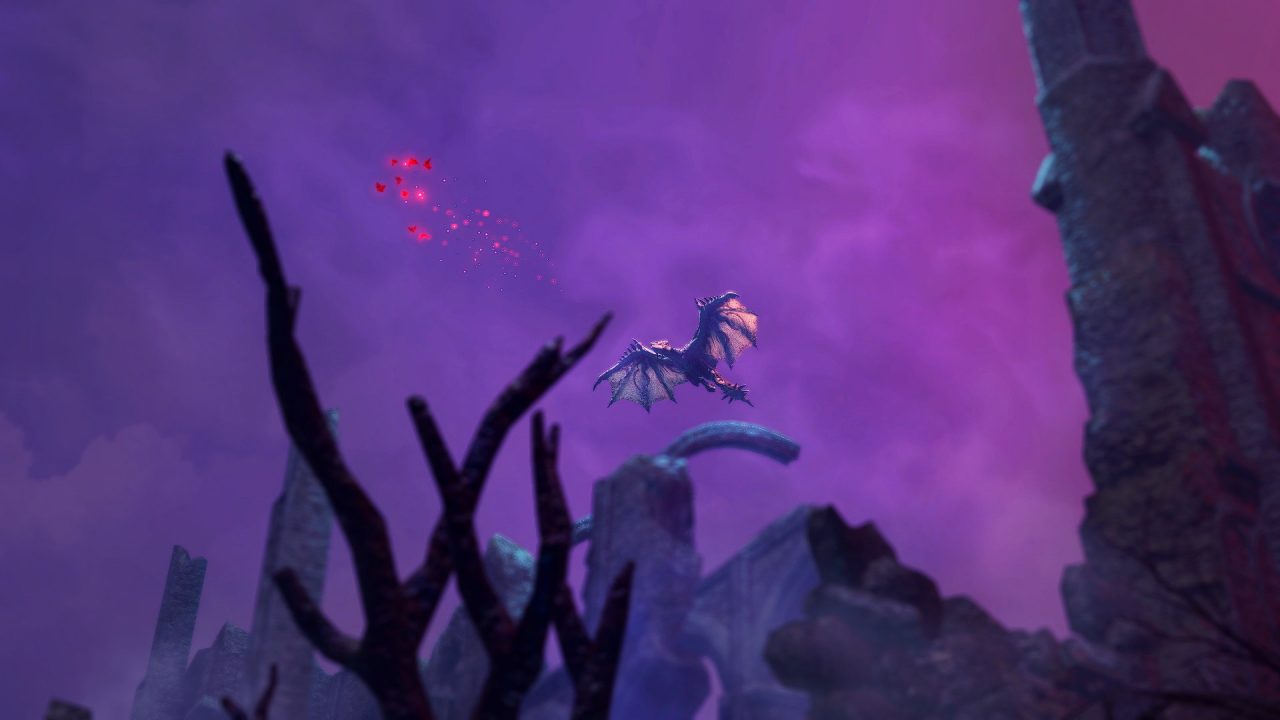 A screenshot of a dragon seen far off above, surrounded by purple clouds.