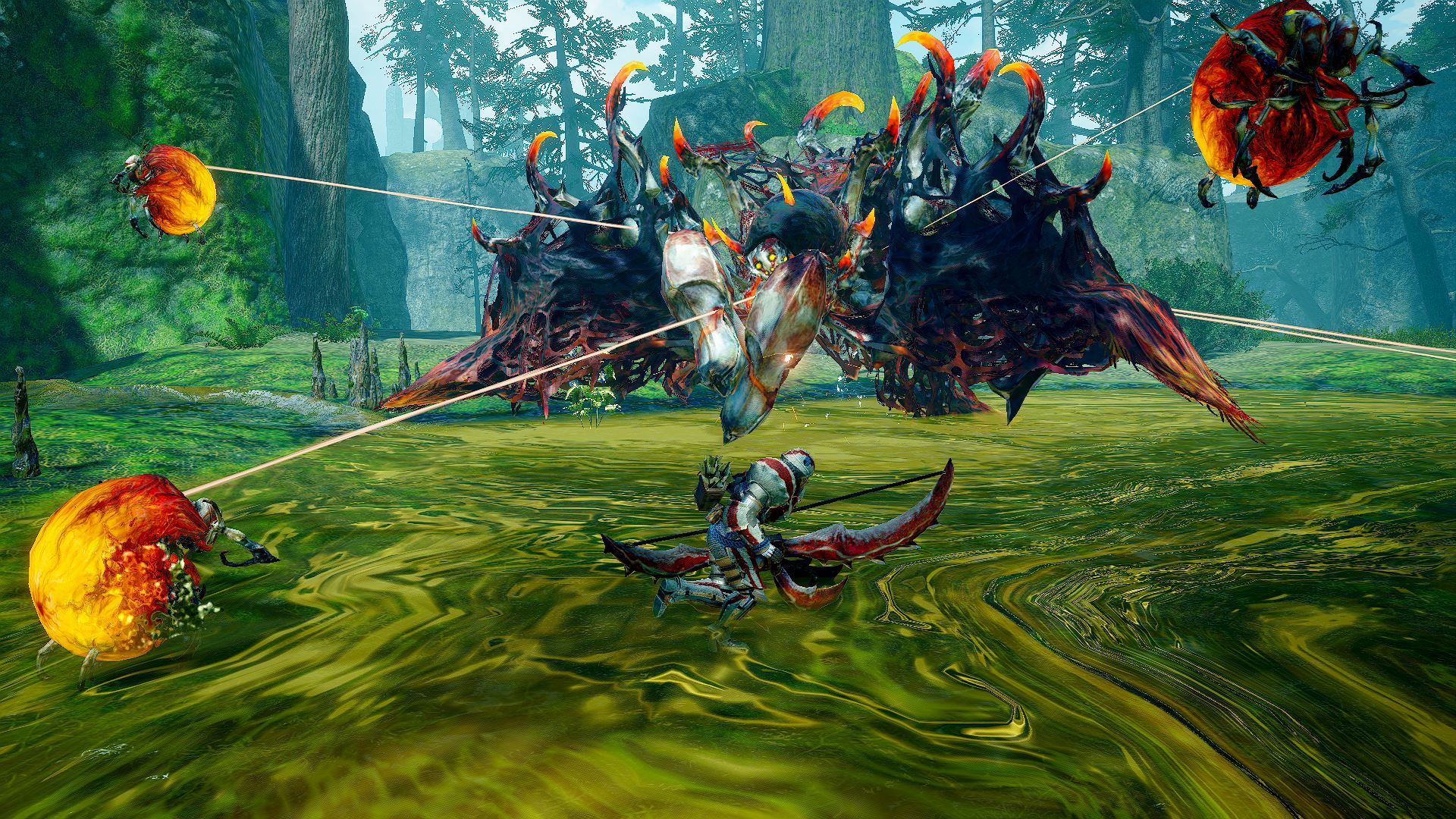 A screenshot of a character with a bow battling a monster in Monster Hunter Rise: Sunbreak.