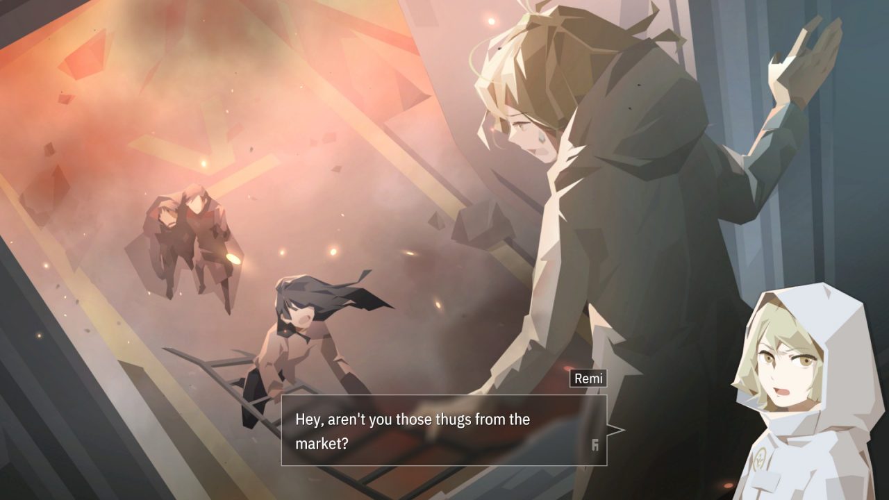 A man speaking to a woman below him in Opus Echo of the Starsong