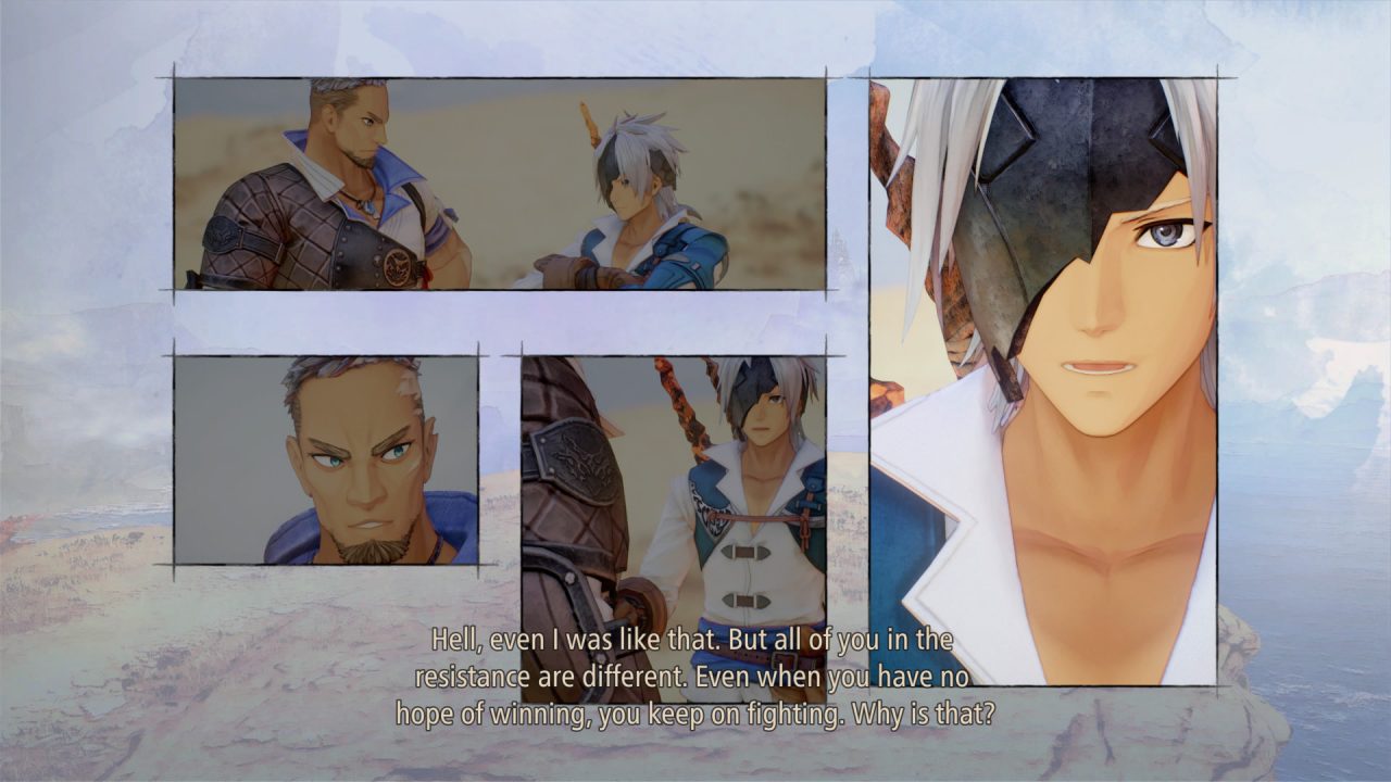 A conversation between a scarred man and a masked man takes place across four manga-like panels from Tales of Arise. Dialog reads "Hell, even I was like that. But all of you in the resistance are different. Even when you have no hope of winning, you keep on fighting. Why is that?"