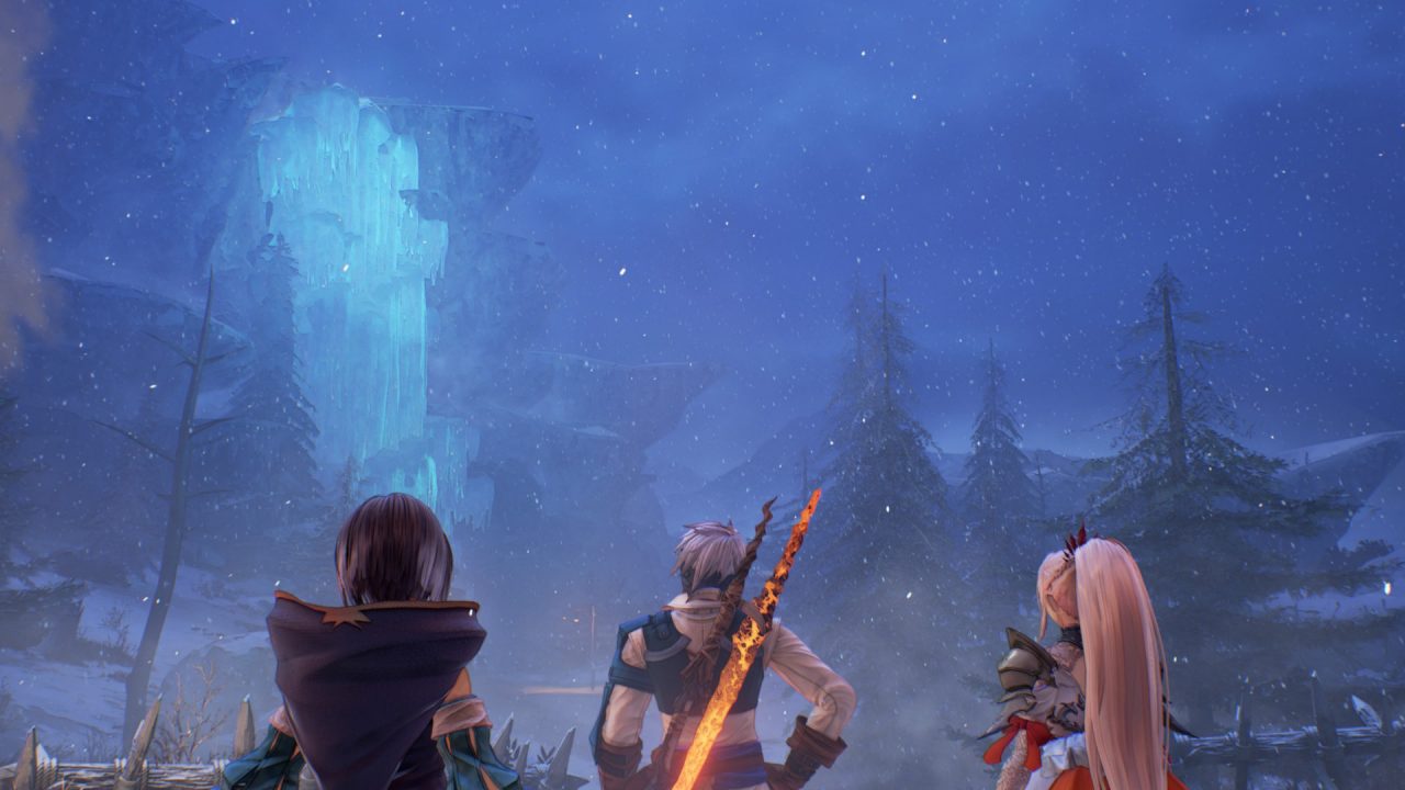 Two women and a man look out on a snow-covered landscape of coniferous trees and frozen waterfalls in Tales of Arise.