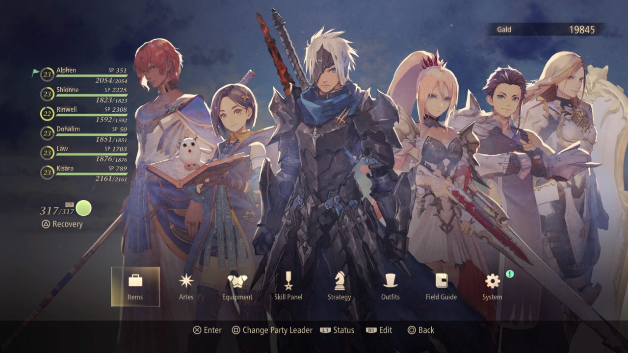 Displays the in-game menu from Tales of Arise and art of six party members. The level, HP and SP are displayed for each of the six, as well as the parties CP. Options include Items, Artes, Equipment, Skill Panel, Strategy, Outfits, Field Guide and System.