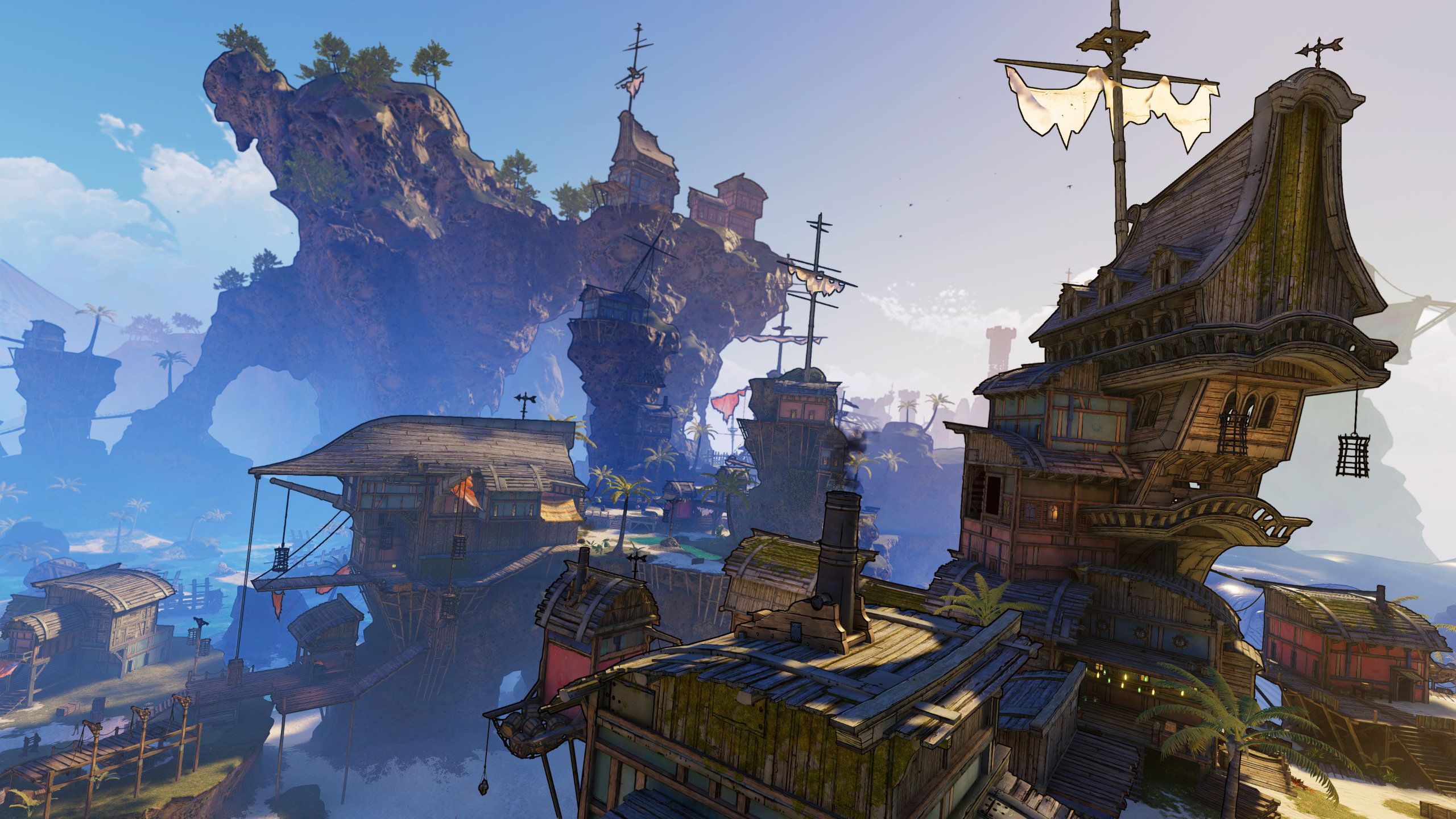 A beautiful view with ships in Tiny Tina's Wonderlands.