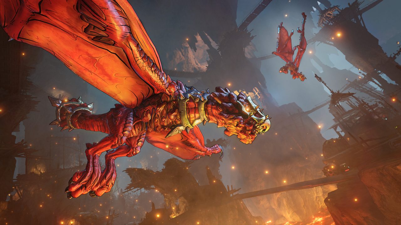 A dragon flies upon buzzing wings in Tiny Tina's Wonderlands
