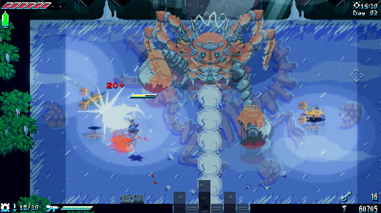 An intuitive fighting experience in UNSIGHTED against a giant robot crab.