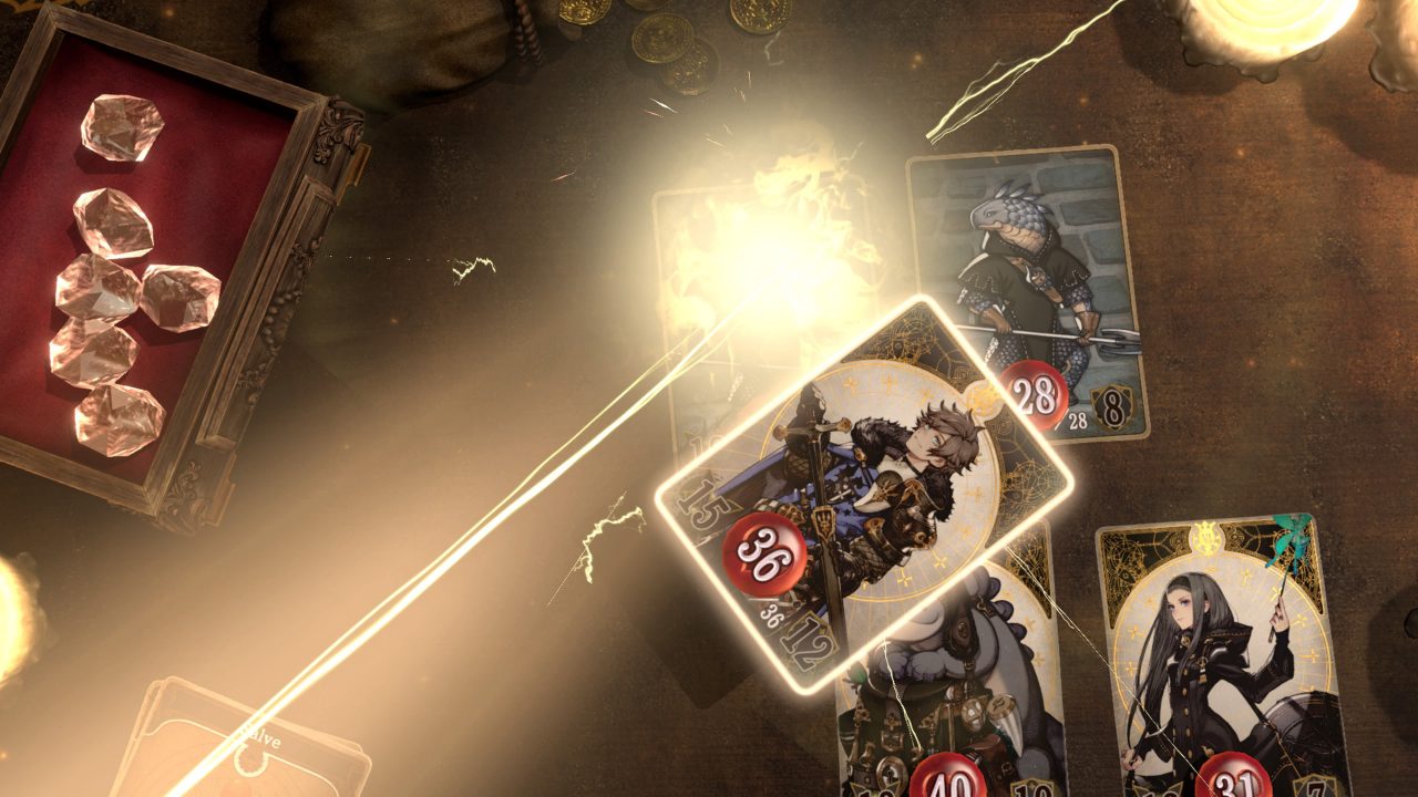 The main character using an ability during battle in Voice of Cards. One card with a brown haired male is on top of four other cards, and there are gems in a box on the table.