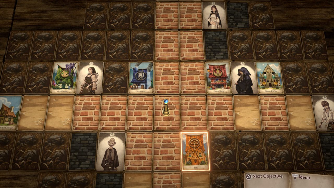 The player exploring a town in Voice of Cards. The town is mapped out on different cards, whcih represent the townsfolk and the buildings.