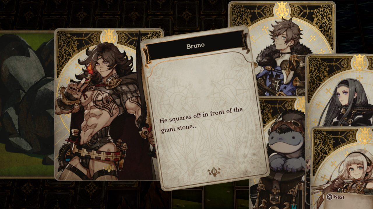 Bruno talking to the party in Voice of Cards. The text is presented on cards, as well as the character illustrations. Bruno has long brown hair and is wearing very little.