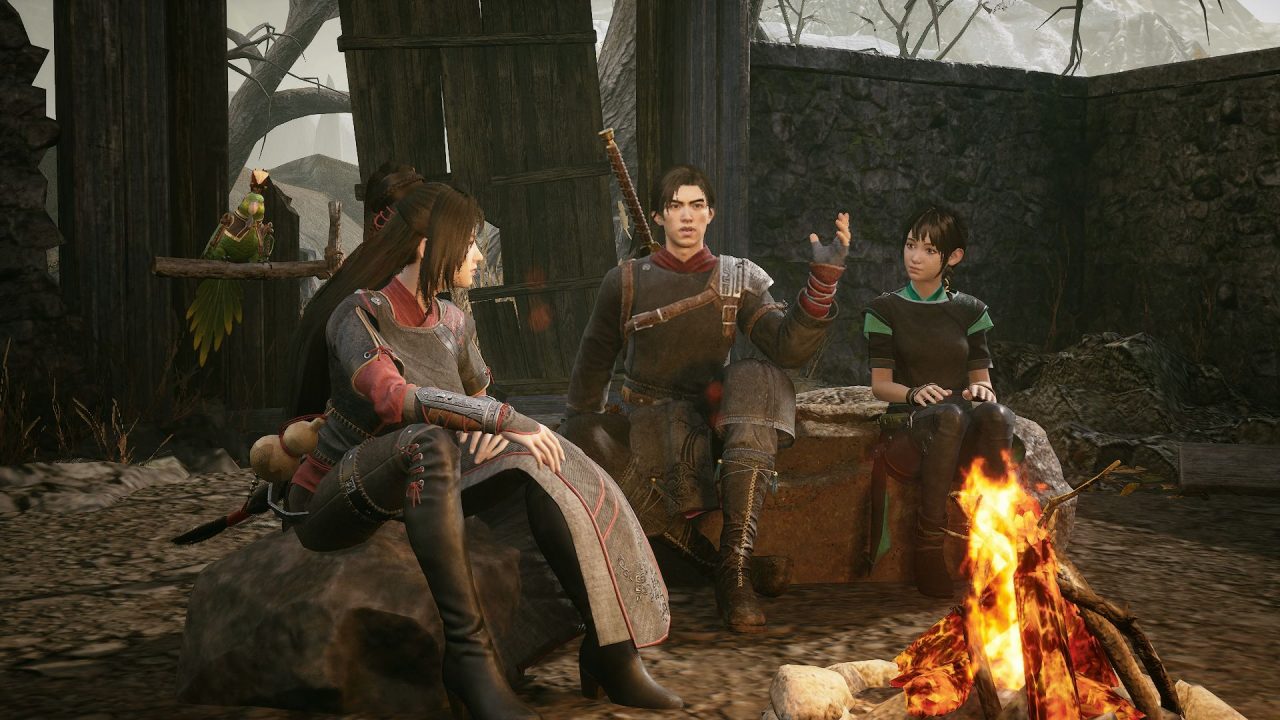Zhao, Xiang, and Hong sit around a campfire in Xuan Yuan Sword 7