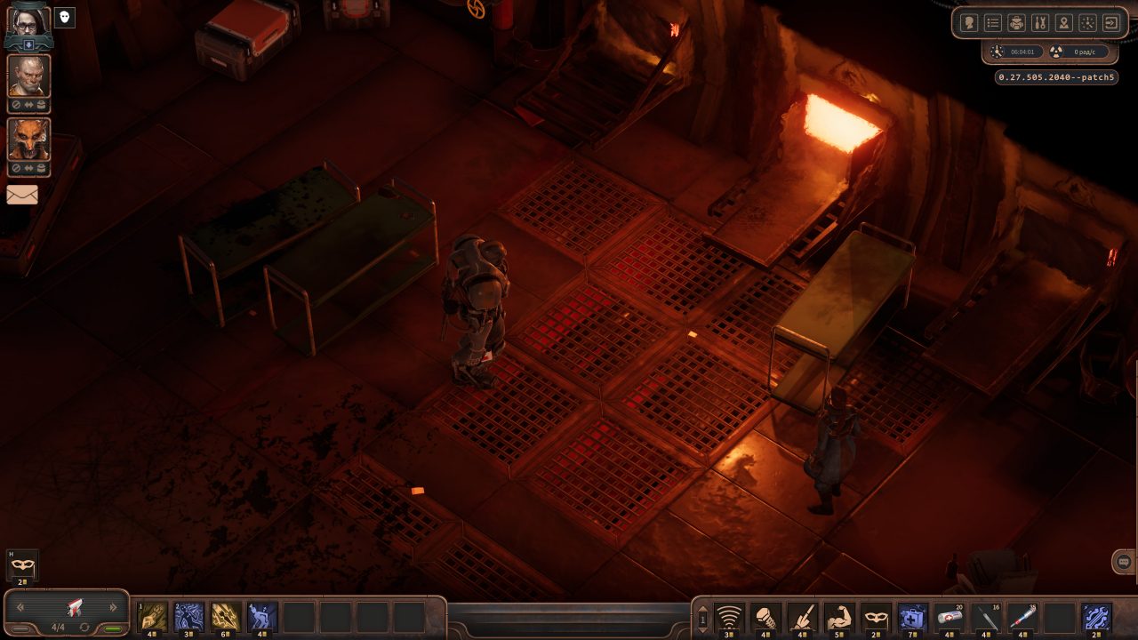 A striking red battlefield in Encased, with an open furnace and steel trollies lying around.