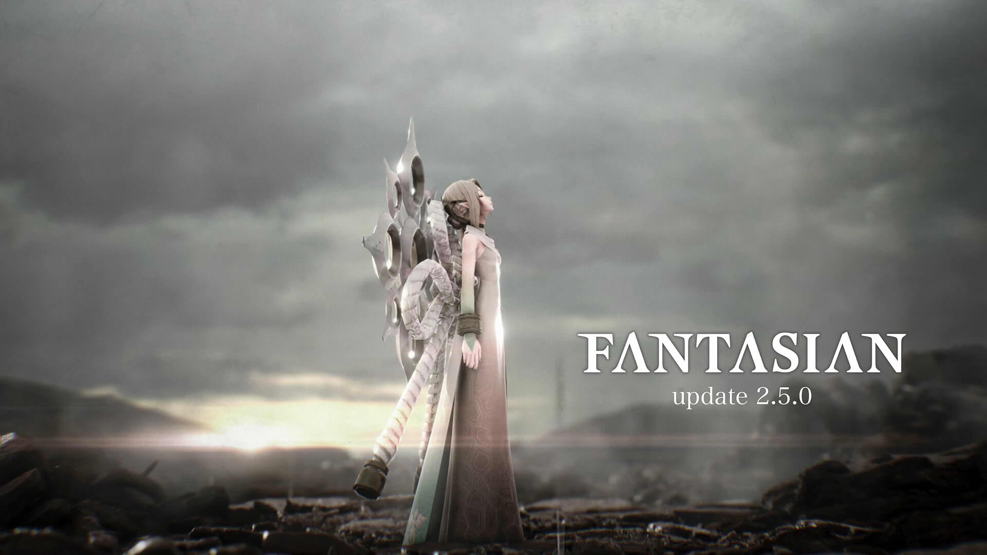 An image of Yim against a cloudy dark backdrop announcing Fantasian's 2.5.0 update