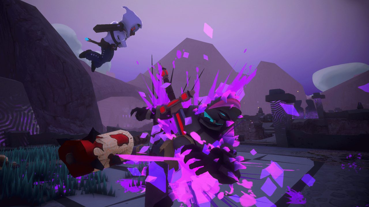Combat in a purple field in Hindsight 20/20. A hooded figure is jumping down on a large, grey beast, who is splattered in purple blood-looking stuff.