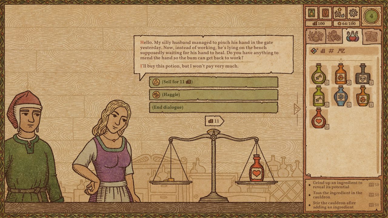 A doubtful wife in Potion Craft.