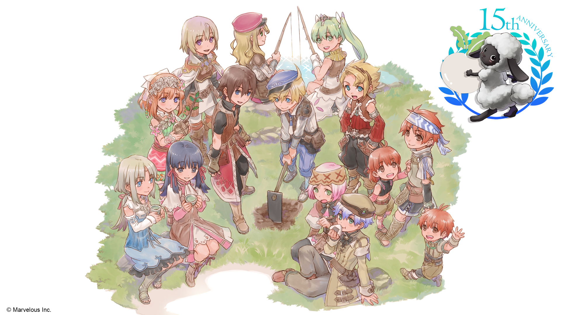 Key art of the Rune Factory characters assembled on a green field with the 15th Anniversary logo in the corner.