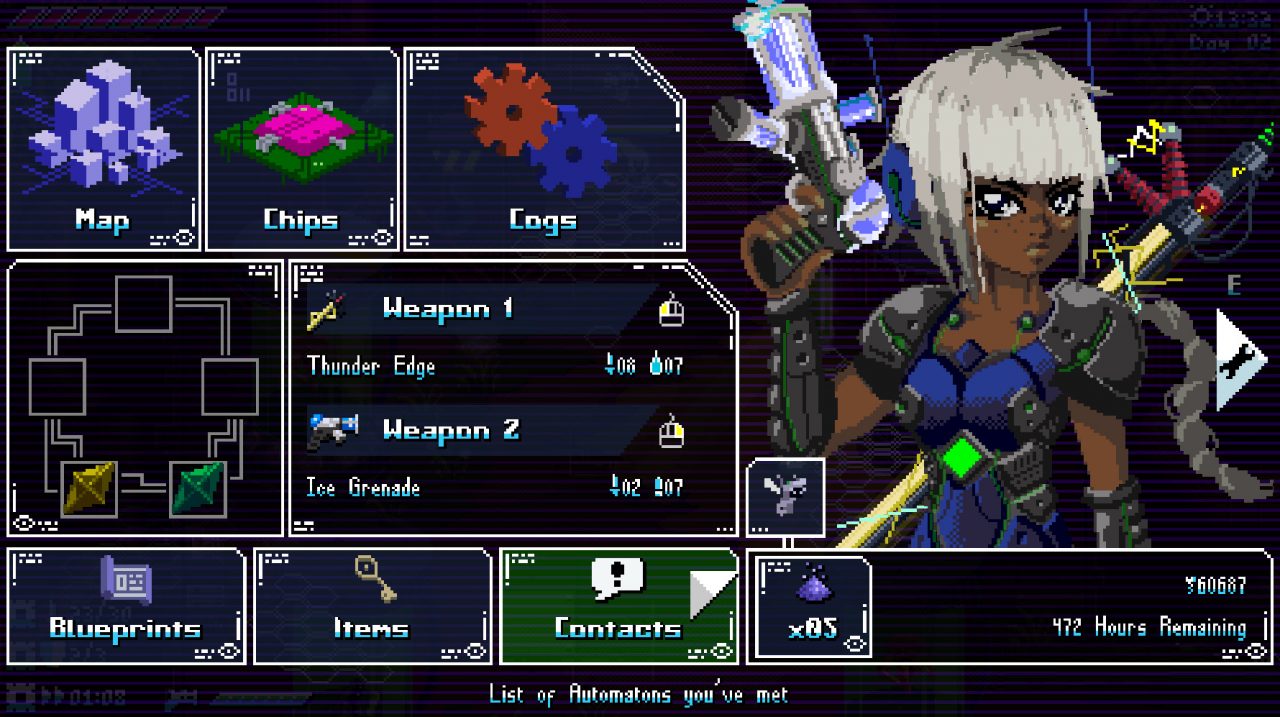 A main menu filled with crunchy RPG and action elements in Unsighted.