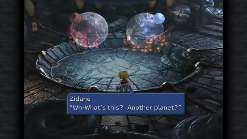 Final Fantasy IX screenshot of Zidane gazing upon holographic images of two planets.