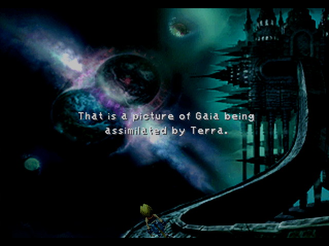 Final Fantasy IX screenshot of Zidane looking at a warped landscape of a castle, two merging planets, and the text, That is a picture of Gaia being assimilated by Terra.