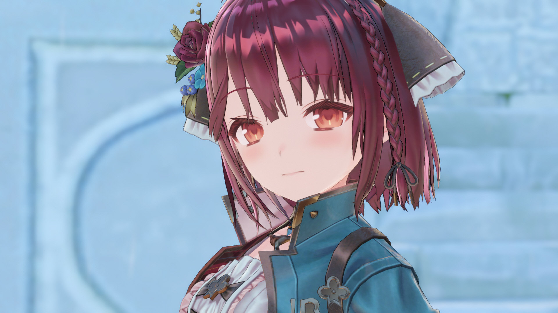 A screenshot depicting Sophie, the protagonist of Atelier Sophie 2: The Alchemist of the Mysterious Dream. She has red hair tucked within a blue and brown bandanna.
