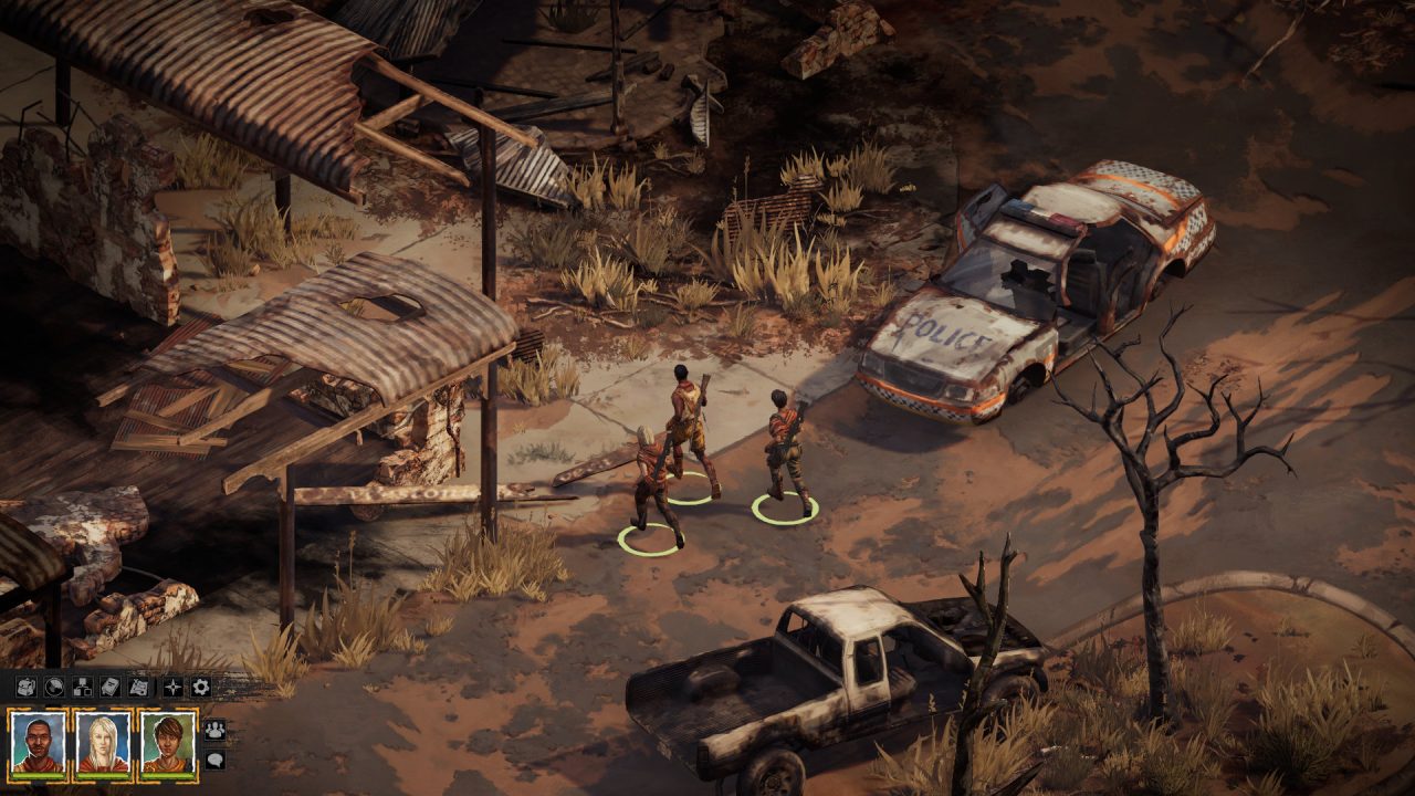 Characters walk around a bombed out area in Broken Roads.